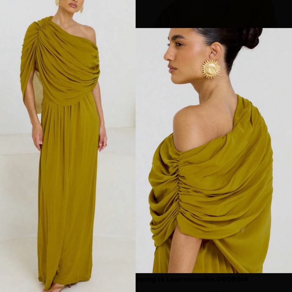 Green Draped Asymmetrical Shoulder Maxi Gown Evening Mesh Floor-Length Dress
